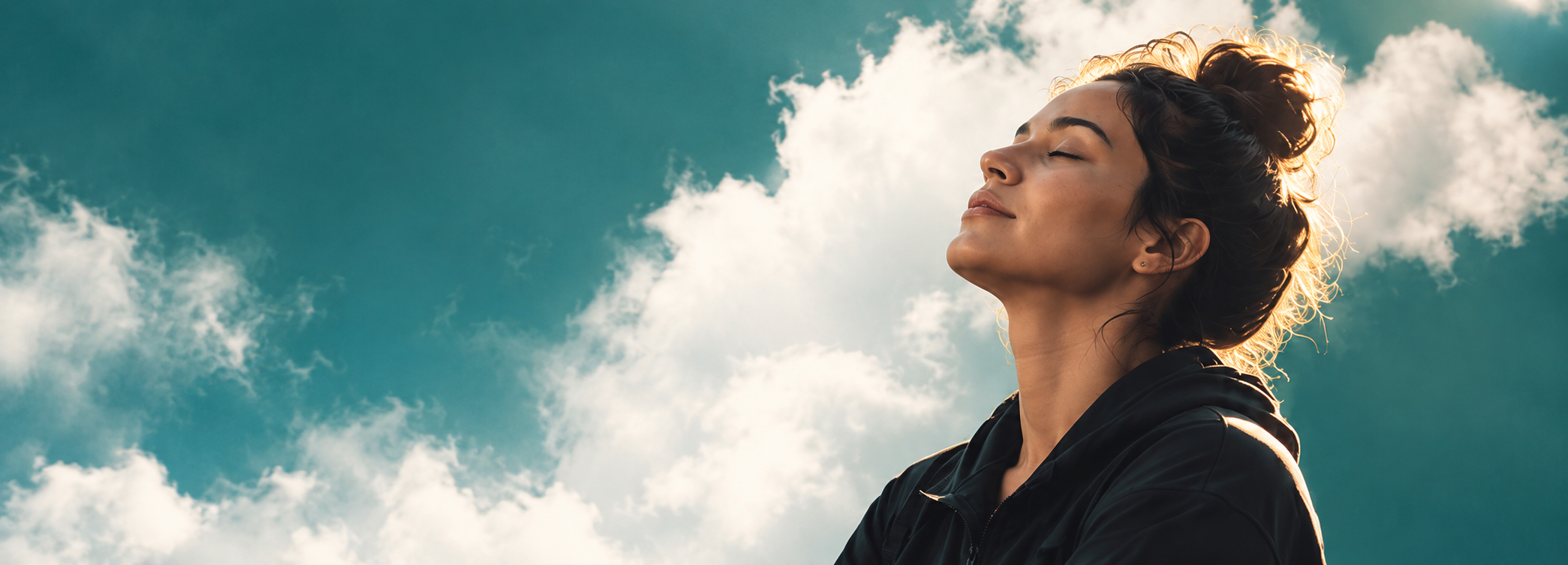 Mujer respirando con los ojos cerrados bajo un cielo despejado con nubes