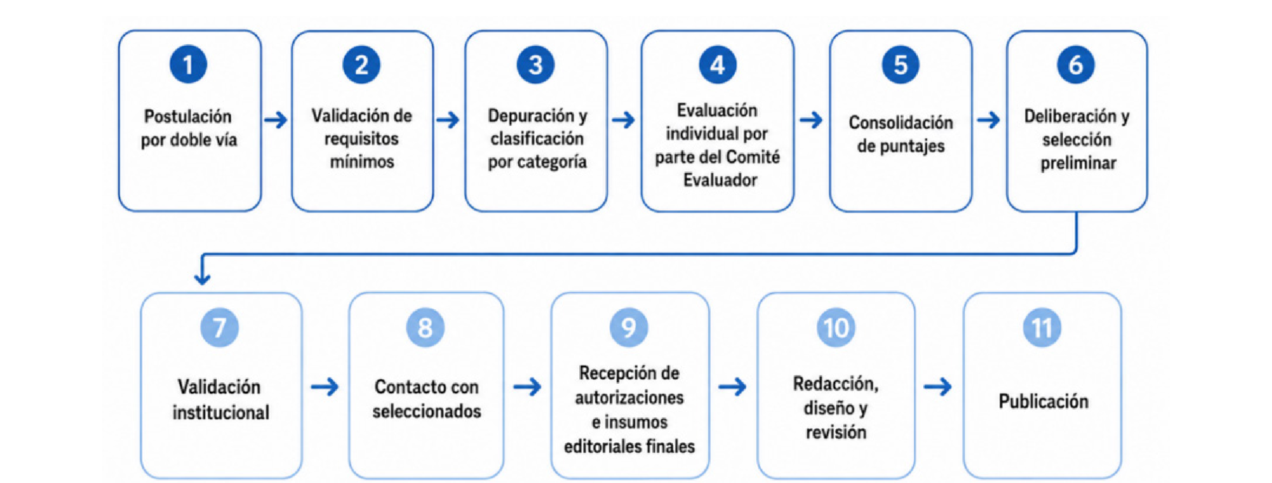 Proceso metodológico: 1. Postulación por doble vía, 2. Validación de requisitos mínimos, 3. Depuración y clasificación por categoría, 4. Evaluación individual por parte del Comité Evaluador, 5. Consolidación de puntajes, 6. Deliberación y selección preliminar, 7. Validación institucional, 8. Contacto con seleccionados, 9. Recepción de autorizaciones e insumos editoriales finales, 10. Redacción, diseño y revisión, 11. Publicación.